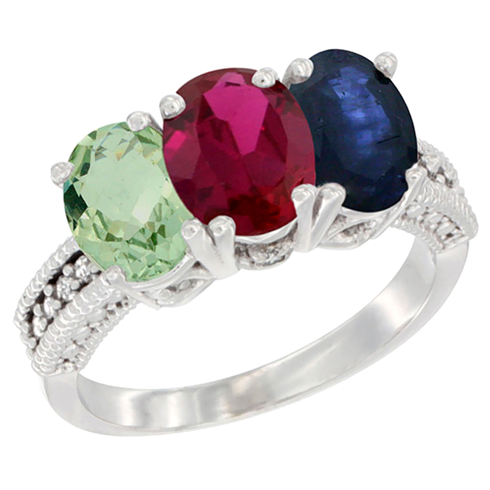 14K White Gold Natural Green Amethyst, Enhanced Ruby &amp; Natural Blue Sapphire Ring 3-Stone 7x5 mm Oval Diamond Accent, sizes 5 - 10
