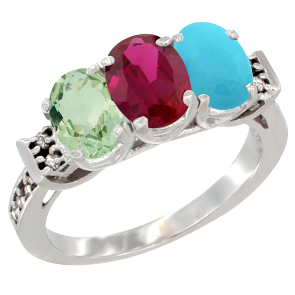 10K White Gold Natural Green Amethyst, Enhanced Ruby & Natural Turquoise Ring 3-Stone Oval 7x5 mm Diamond Accent, sizes 5 - 10