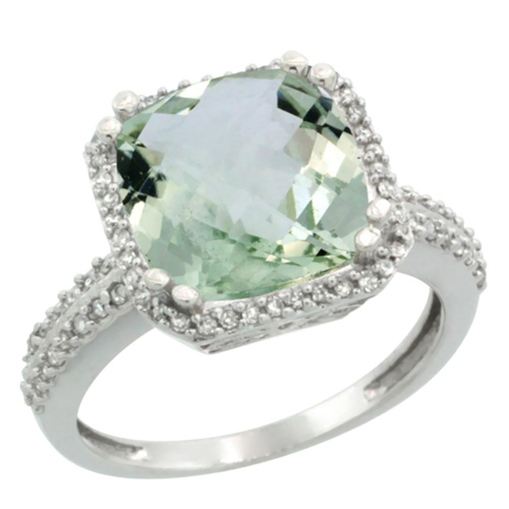 10k White Gold Diamond Halo Genuine Green Amethyst Ring Cushion-cut 11x11mm sizes 5-10