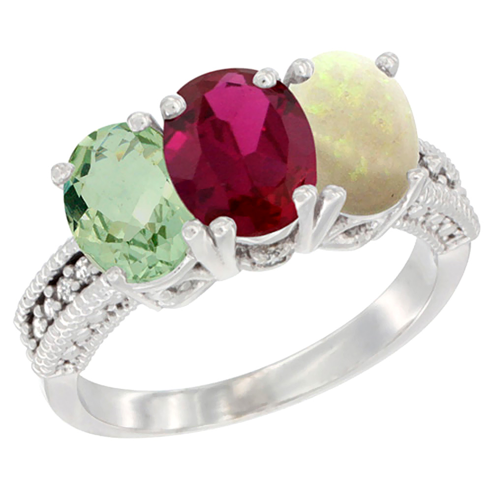 14K White Gold Natural Green Amethyst, Enhanced Ruby &amp; Natural Opal Ring 3-Stone 7x5 mm Oval Diamond Accent, sizes 5 - 10