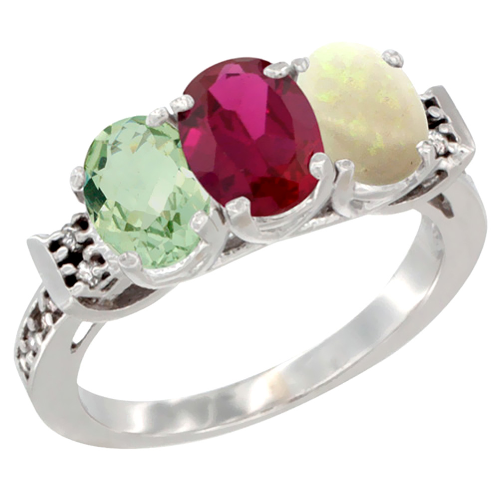 10K White Gold Natural Green Amethyst, Enhanced Ruby &amp; Natural Opal Ring 3-Stone Oval 7x5 mm Diamond Accent, sizes 5 - 10