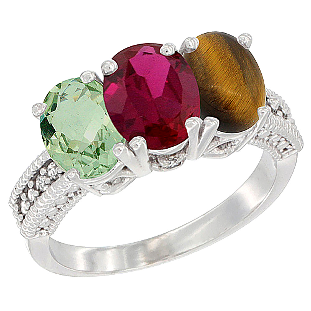 10K White Gold Natural Green Amethyst, Enhanced Ruby &amp; Natural Tiger Eye Ring 3-Stone Oval 7x5 mm Diamond Accent, sizes 5 - 10