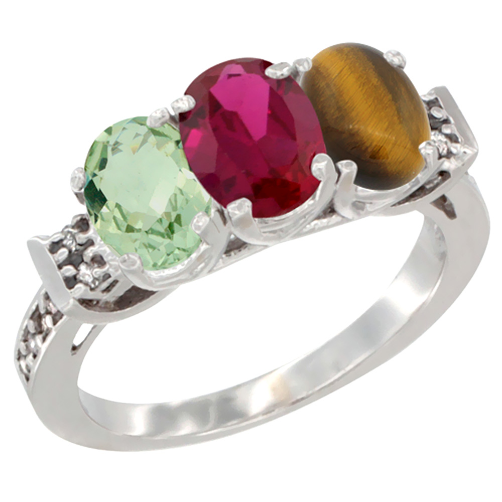 14K White Gold Natural Green Amethyst, Enhanced Ruby &amp; Natural Tiger Eye Ring 3-Stone 7x5 mm Oval Diamond Accent, sizes 5 - 10