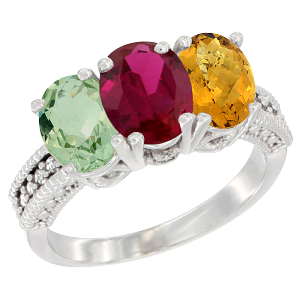 14K White Gold Natural Green Amethyst, Enhanced Ruby &amp; Natural Whisky Quartz Ring 3-Stone 7x5 mm Oval Diamond Accent, sizes 5 - 10