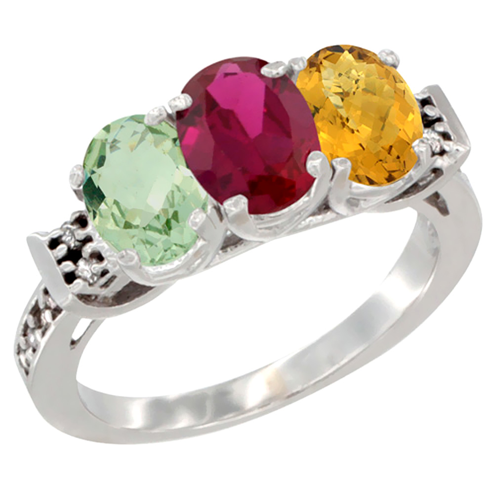 14K White Gold Natural Green Amethyst, Enhanced Ruby & Natural Whisky Quartz Ring 3-Stone 7x5 mm Oval Diamond Accent, sizes 5 - 10
