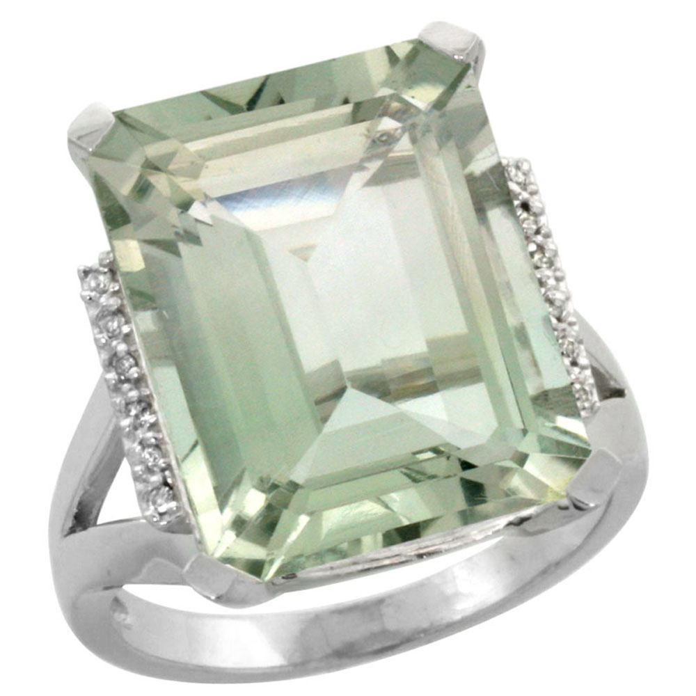 10K White Gold Diamond Genuine Green Amethyst Ring Emerald-cut 16x12mm sizes 5-10