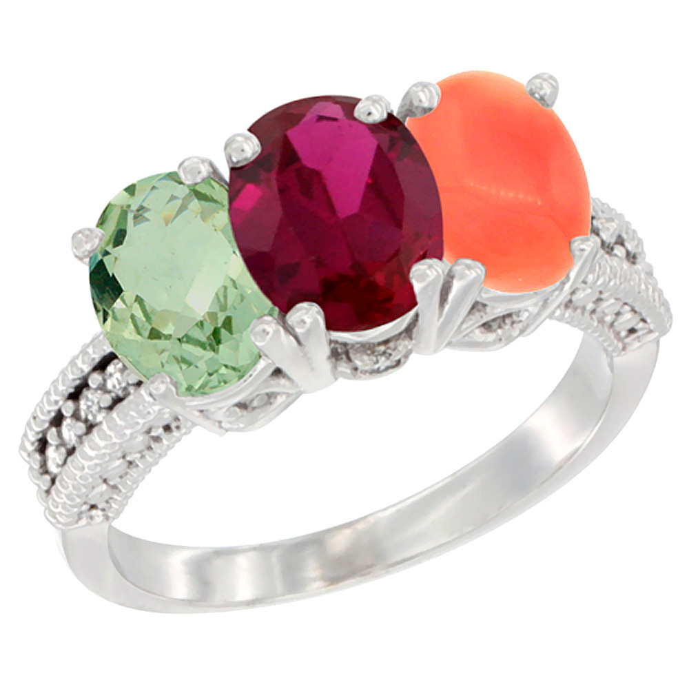 14K White Gold Natural Green Amethyst, Enhanced Ruby &amp; Natural Coral Ring 3-Stone 7x5 mm Oval Diamond Accent, sizes 5 - 10