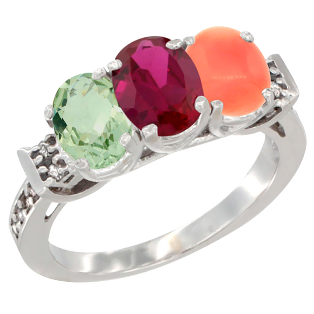 14K White Gold Natural Green Amethyst, Enhanced Ruby & Natural Coral Ring 3-Stone 7x5 mm Oval Diamond Accent, sizes 5 - 10