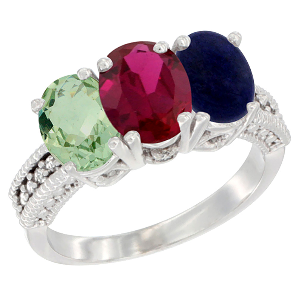 14K White Gold Natural Green Amethyst, Enhanced Ruby &amp; Natural Lapis Ring 3-Stone 7x5 mm Oval Diamond Accent, sizes 5 - 10