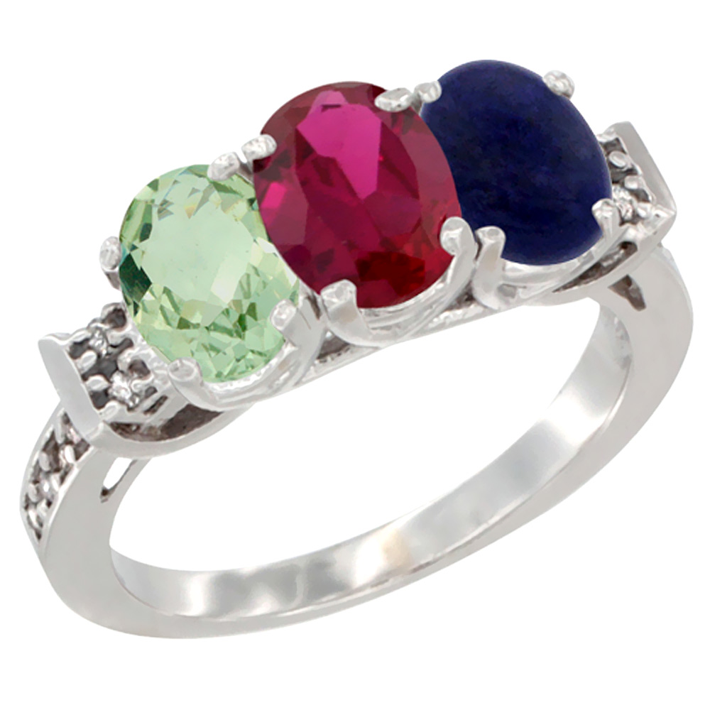 10K White Gold Natural Green Amethyst, Enhanced Ruby &amp; Natural Lapis Ring 3-Stone Oval 7x5 mm Diamond Accent, sizes 5 - 10