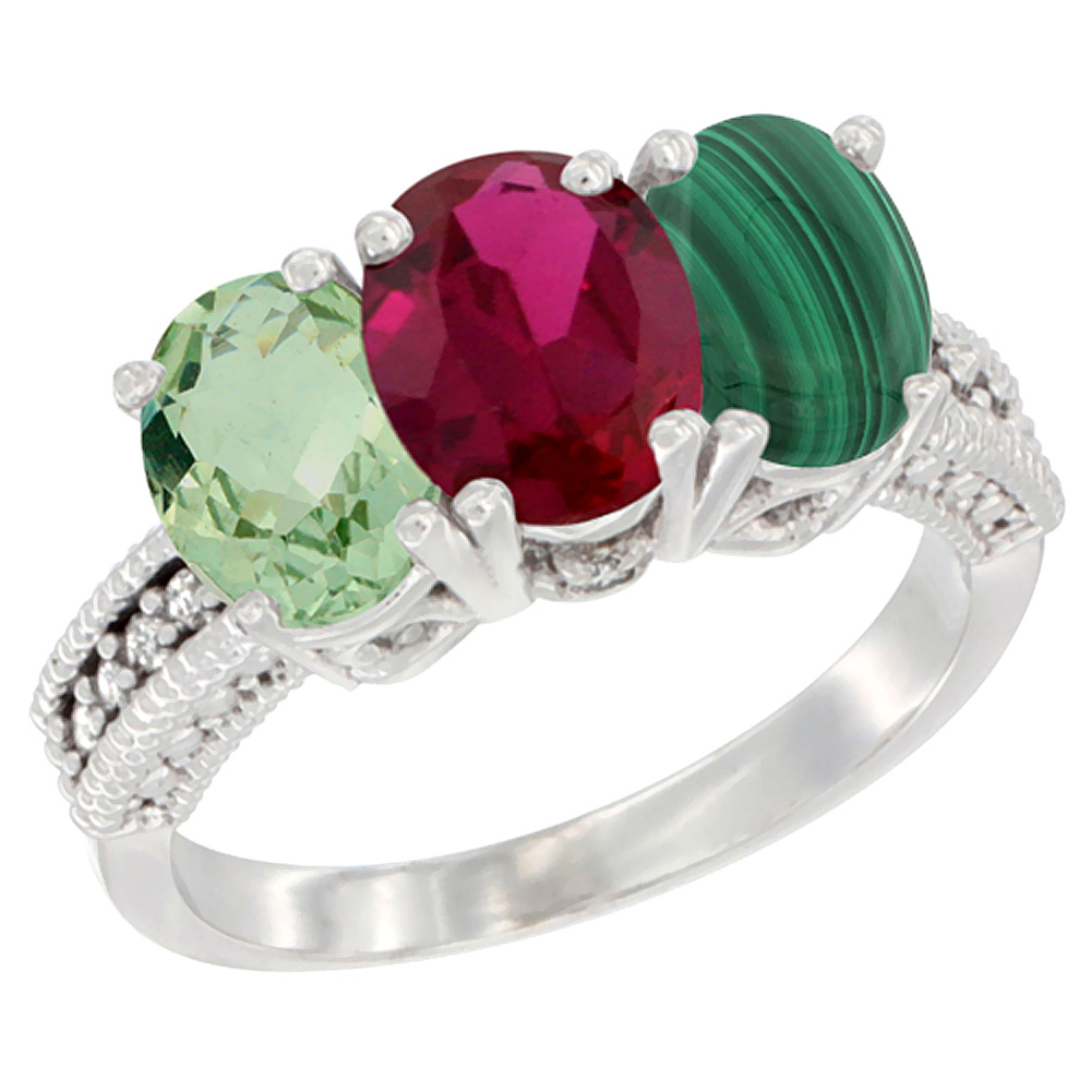 14K White Gold Natural Green Amethyst, Enhanced Ruby & Natural Malachite Ring 3-Stone 7x5 mm Oval Diamond Accent, sizes 5 - 10