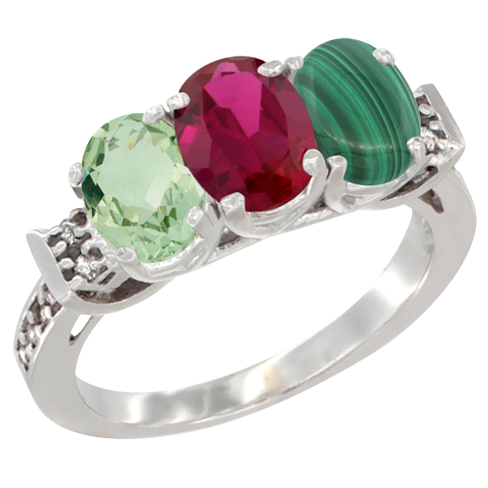 10K White Gold Natural Green Amethyst, Enhanced Ruby &amp; Natural Malachite Ring 3-Stone Oval 7x5 mm Diamond Accent, sizes 5 - 10