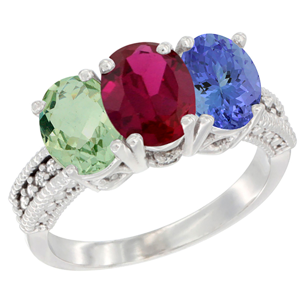 10K White Gold Natural Green Amethyst, Enhanced Ruby &amp; Natural Tanzanite Ring 3-Stone Oval 7x5 mm Diamond Accent, sizes 5 - 10