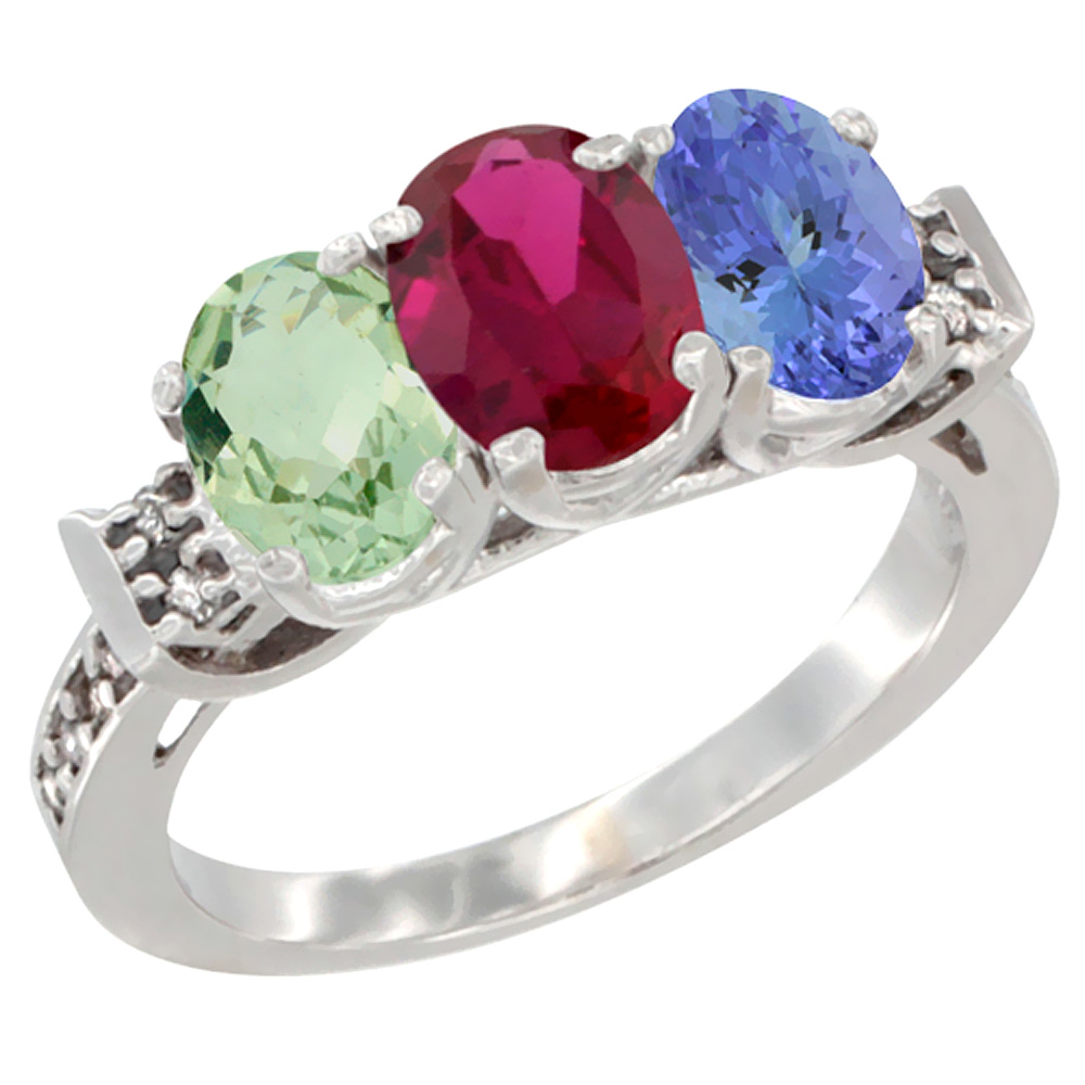 14K White Gold Natural Green Amethyst, Enhanced Ruby & Natural Tanzanite Ring 3-Stone 7x5 mm Oval Diamond Accent, sizes 5 - 10