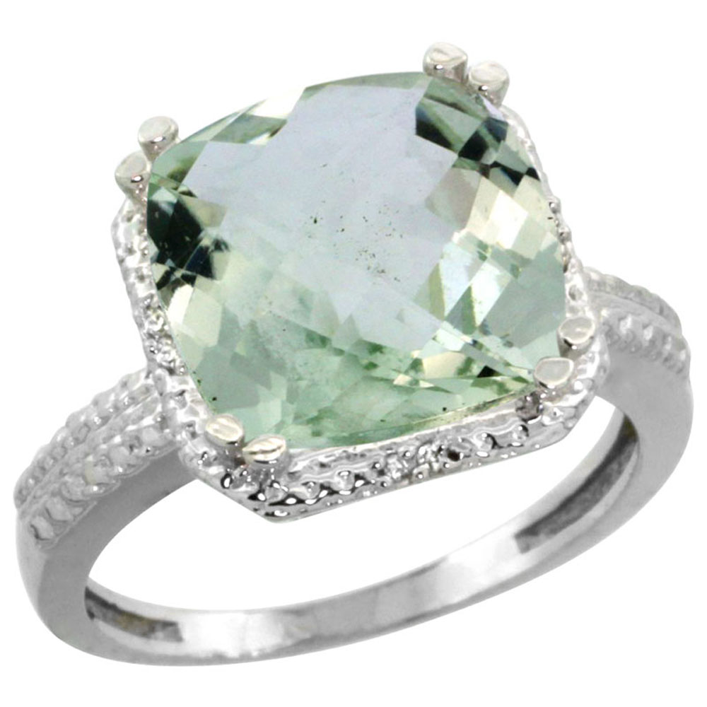 10K White Gold Diamond Genuine Green Amethyst Ring Cushion-cut 11x11mm sizes 5-10