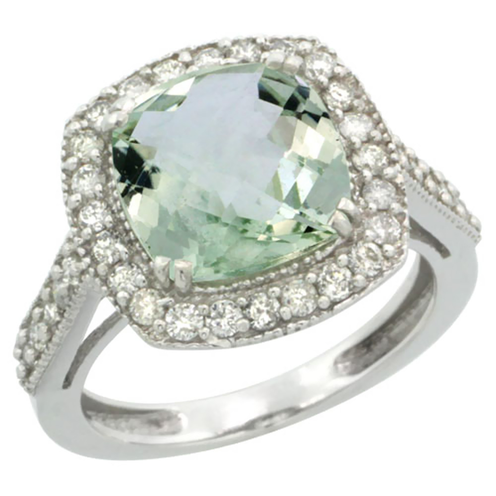 14K White Gold Natural Green Amethyst Ring Cushion-cut 9x9mm Diamond Halo, sizes 5-10