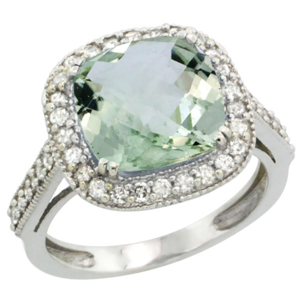 10k White Gold Diamond Halo Genuine Green Amethyst Ring Cushion-cut 10x10mm sizes 5-10
