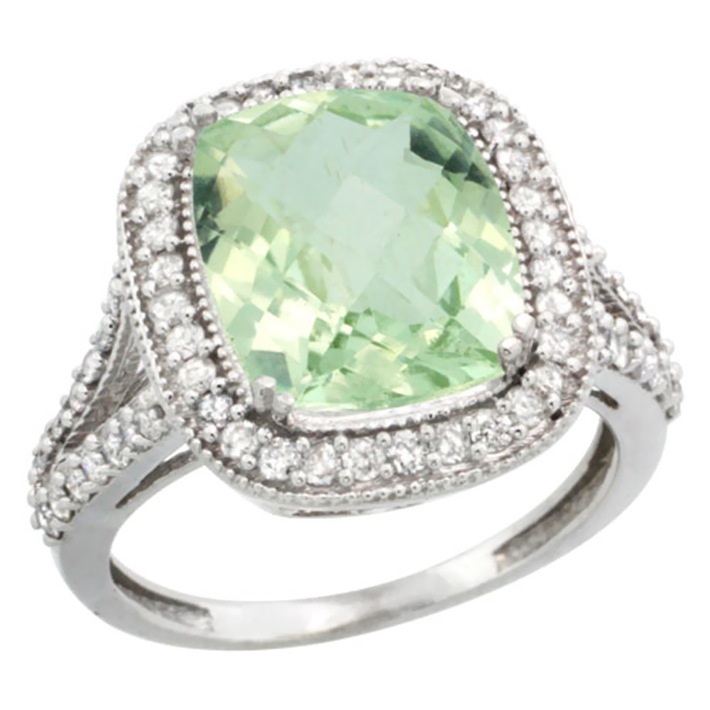 14K White Gold Natural Green Amethyst Ring Cushion-cut 12x10mm Diamond Halo, sizes 5-10
