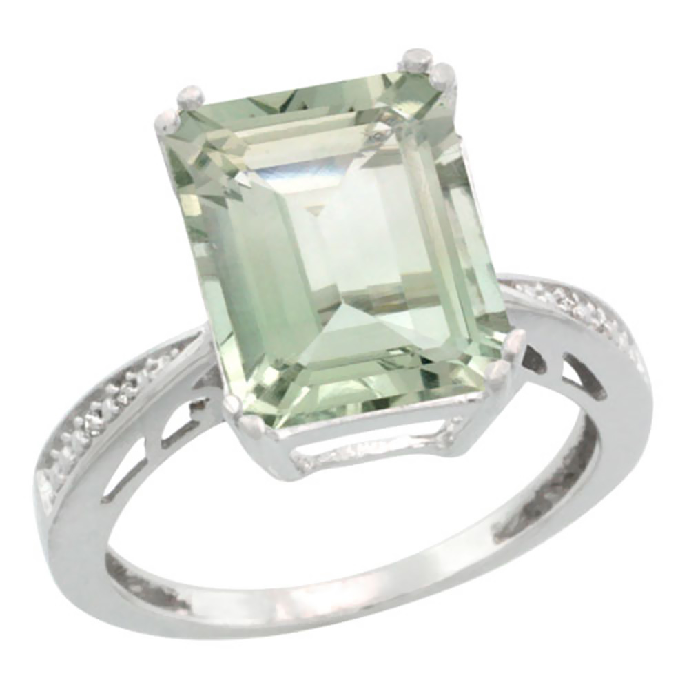 14K White Gold Natural Diamond Green Amethyst Ring Emerald-cut 12x10mm, sizes 5-10