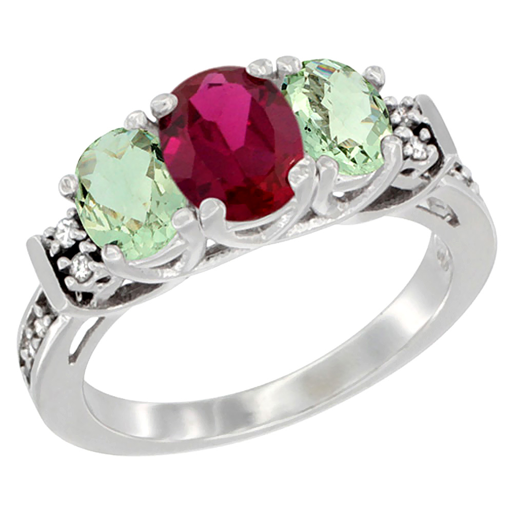 14K White Gold Natural Quality Ruby & Green Amethyst 3-stone Mothers Ring Oval Diamond Accent, size 5-10