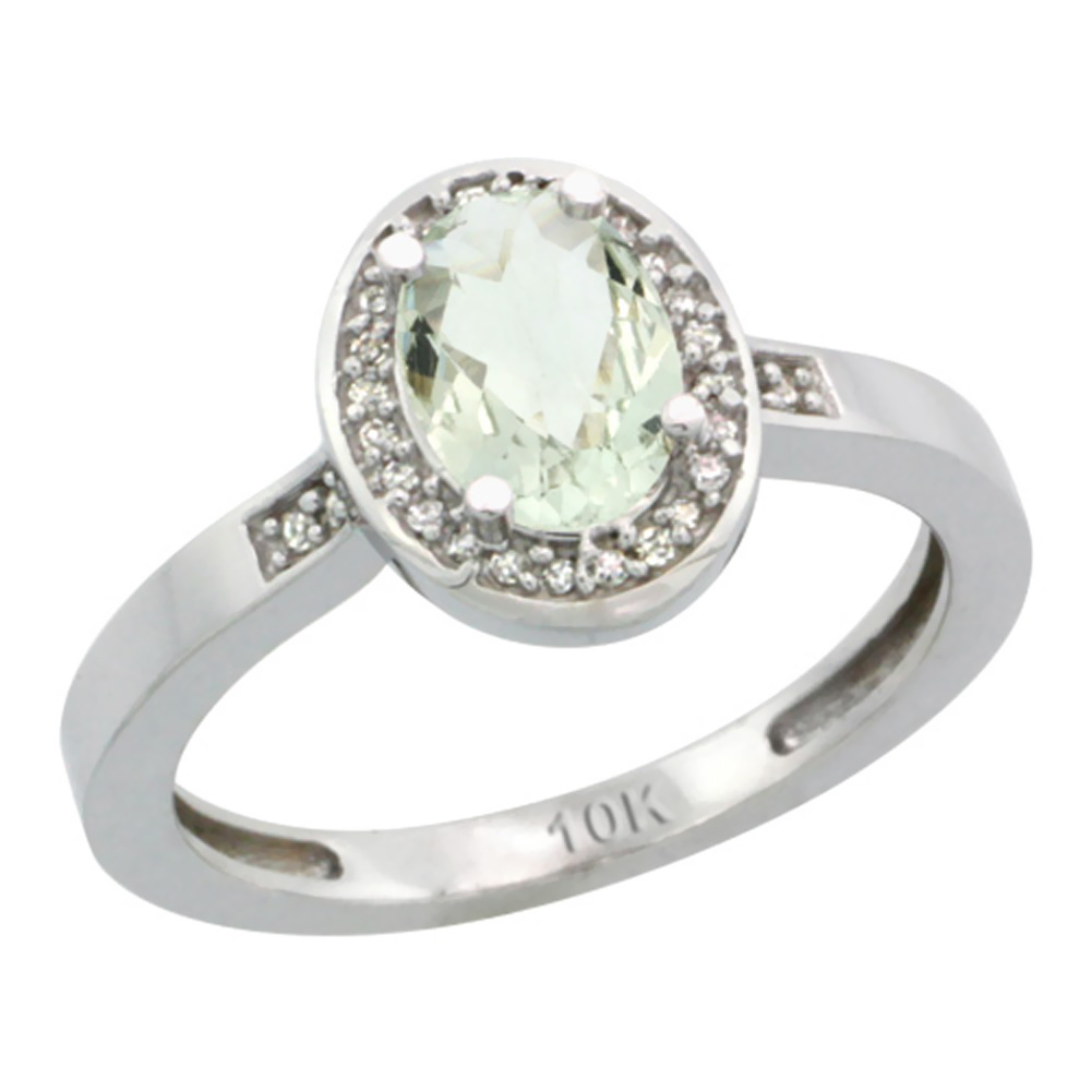 14K White Gold Diamond Natural Green Amethyst Engagement Ring Oval 7x5mm, sizes 5-10