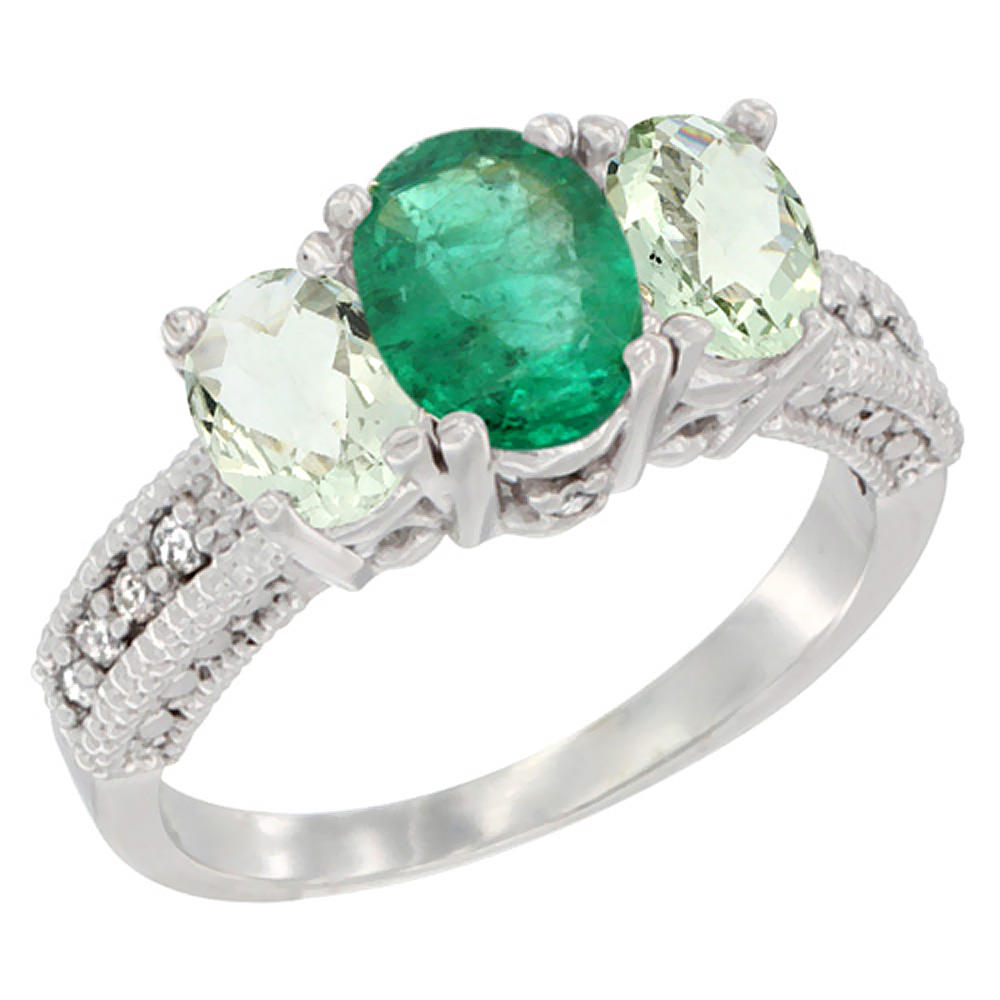 14K White Gold Diamond Natural Emerald Ring Oval 3-stone with Green Amethyst, sizes 5 - 10