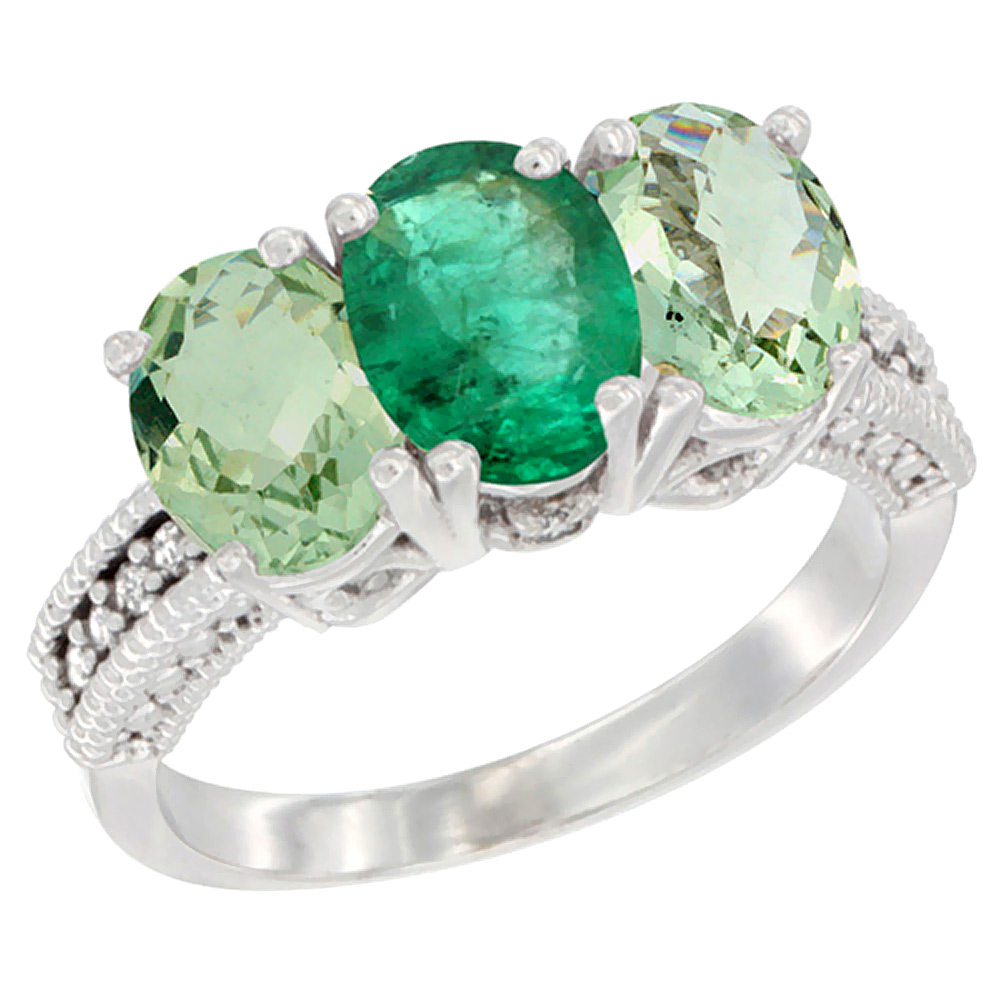 14K White Gold Natural Emerald &amp; Green Amethyst Sides Ring 3-Stone 7x5 mm Oval Diamond Accent, sizes 5 - 10