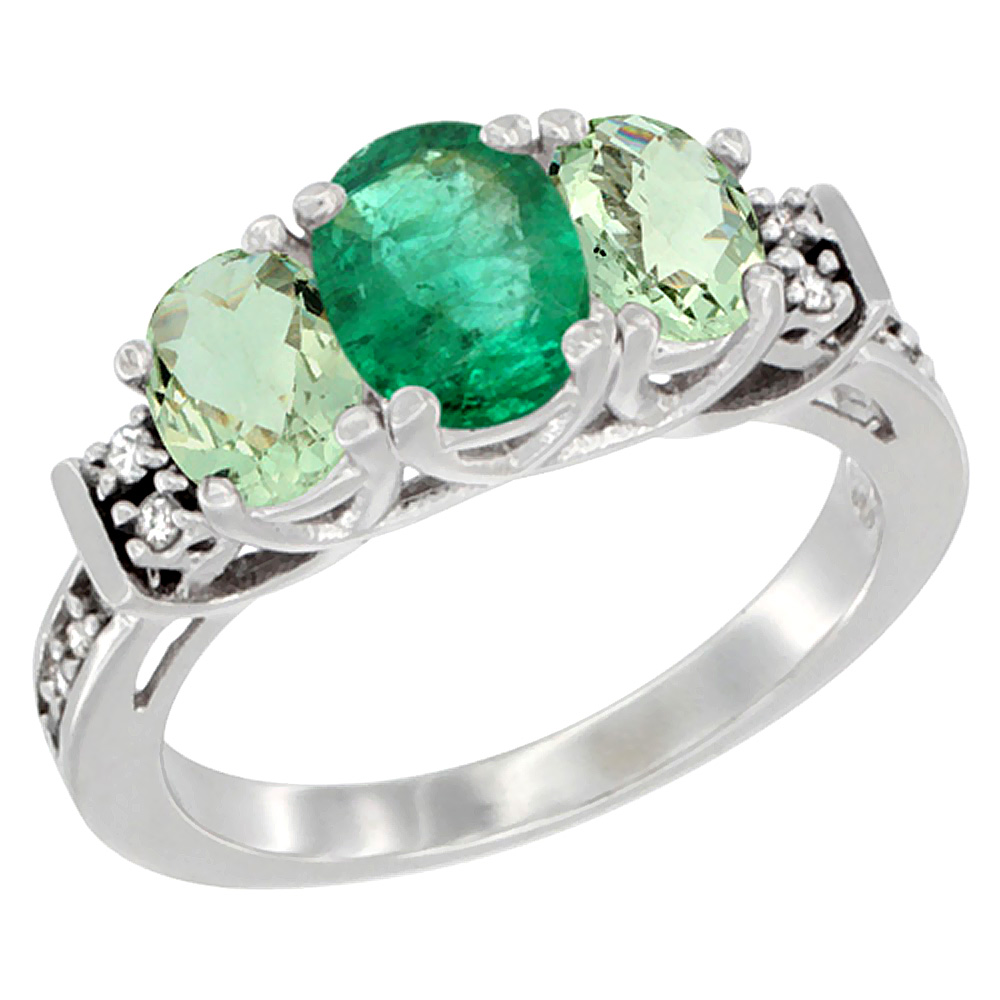 14K White Gold Natural Emerald &amp; Green Amethyst Ring 3-Stone Oval Diamond Accent, sizes 5-10