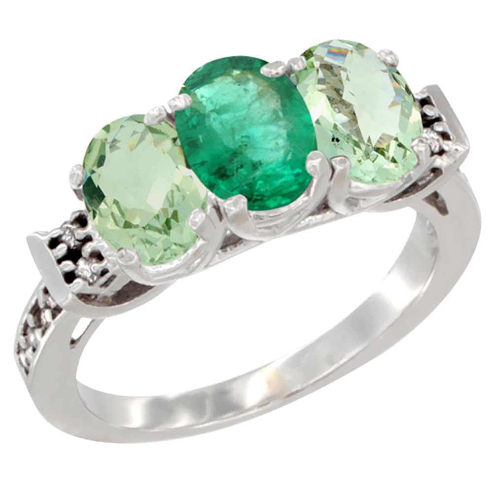 10K White Gold Natural Emerald & Green Amethyst Sides Ring 3-Stone Oval 7x5 mm Diamond Accent, sizes 5 - 10