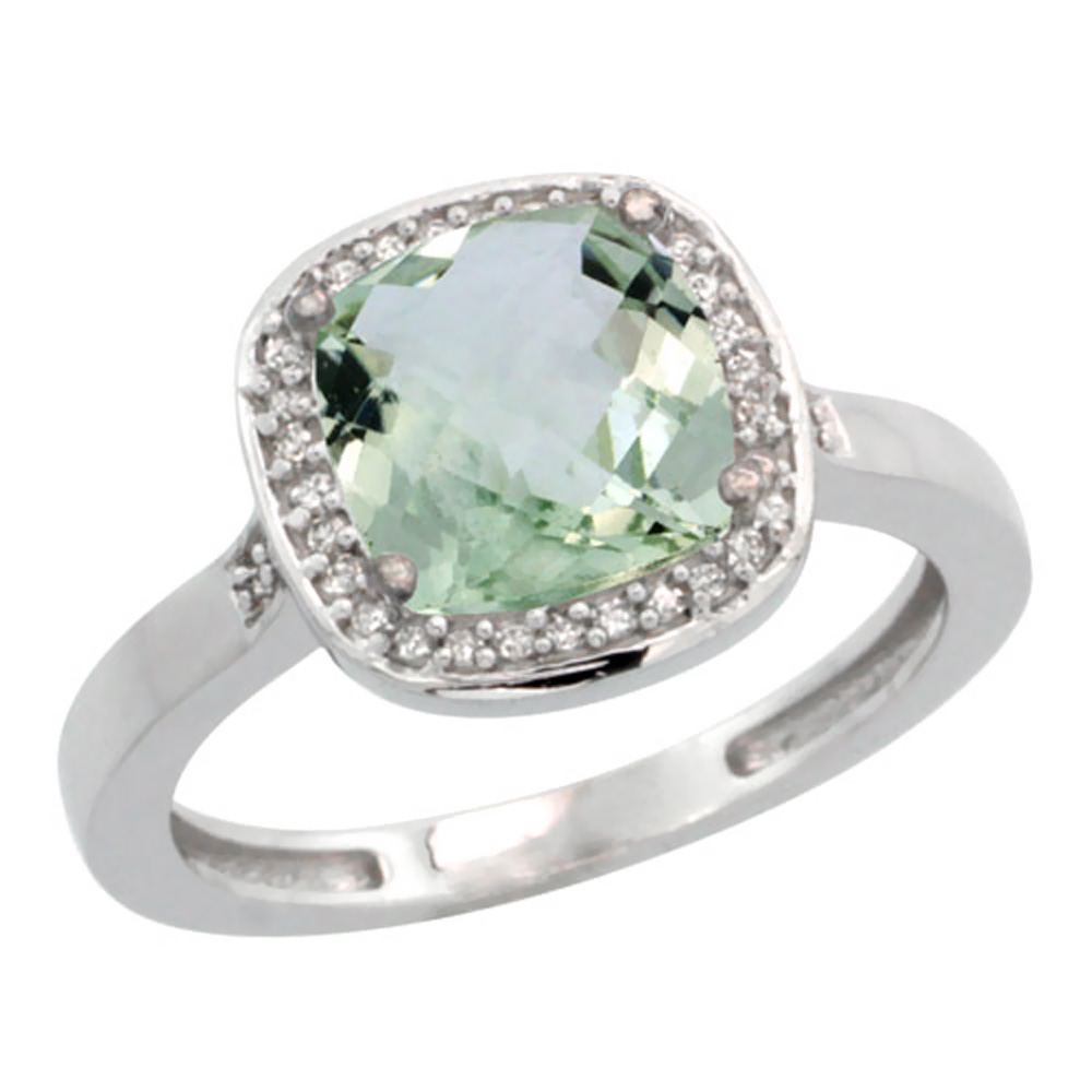 14K White Gold Diamond Natural Green Amethyst Ring Cushion-cut 8x8mm, sizes 5-10