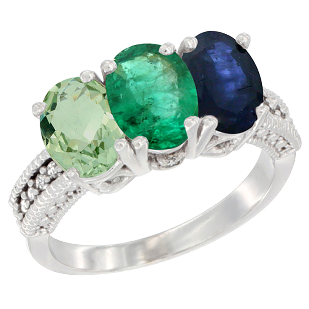 10K White Gold Natural Green Amethyst, Emerald &amp; Blue Sapphire Ring 3-Stone Oval 7x5 mm Diamond Accent, sizes 5 - 10