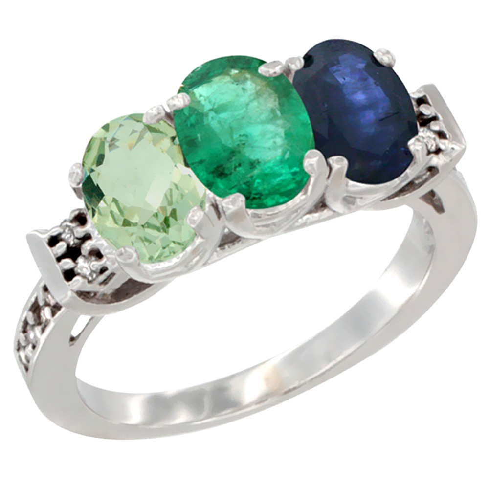 14K White Gold Natural Green Amethyst, Emerald &amp; Blue Sapphire Ring 3-Stone 7x5 mm Oval Diamond Accent, sizes 5 - 10