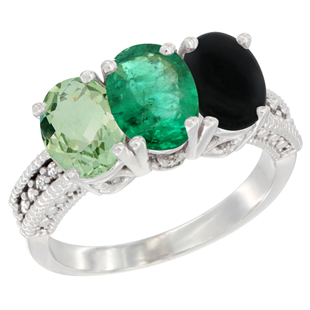 10K White Gold Natural Green Amethyst, Emerald &amp; Black Onyx Ring 3-Stone Oval 7x5 mm Diamond Accent, sizes 5 - 10