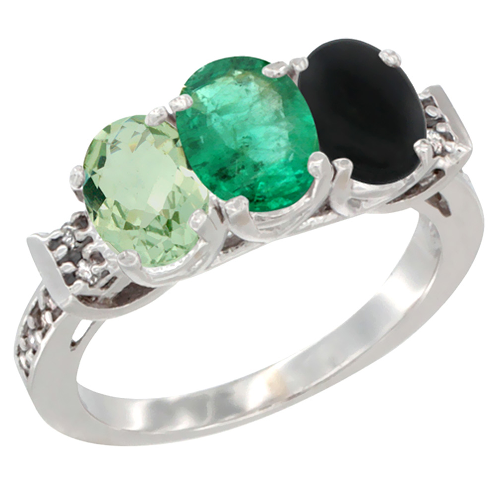 14K White Gold Natural Green Amethyst, Emerald & Black Onyx Ring 3-Stone 7x5 mm Oval Diamond Accent, sizes 5 - 10
