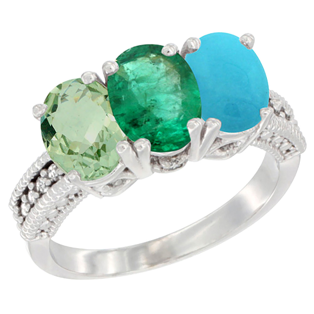 10K White Gold Natural Green Amethyst, Emerald &amp; Turquoise Ring 3-Stone Oval 7x5 mm Diamond Accent, sizes 5 - 10
