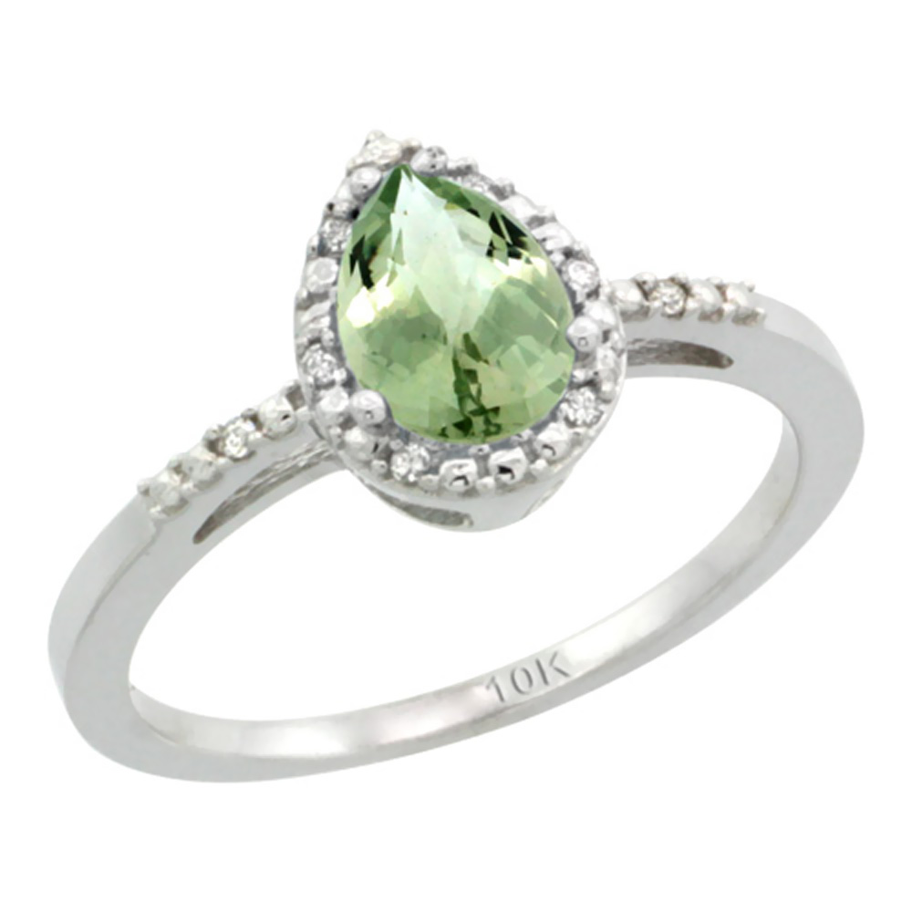10K White Gold Diamond Genuine Green Amethyst Ring Pear 7x5mm sizes 5-10