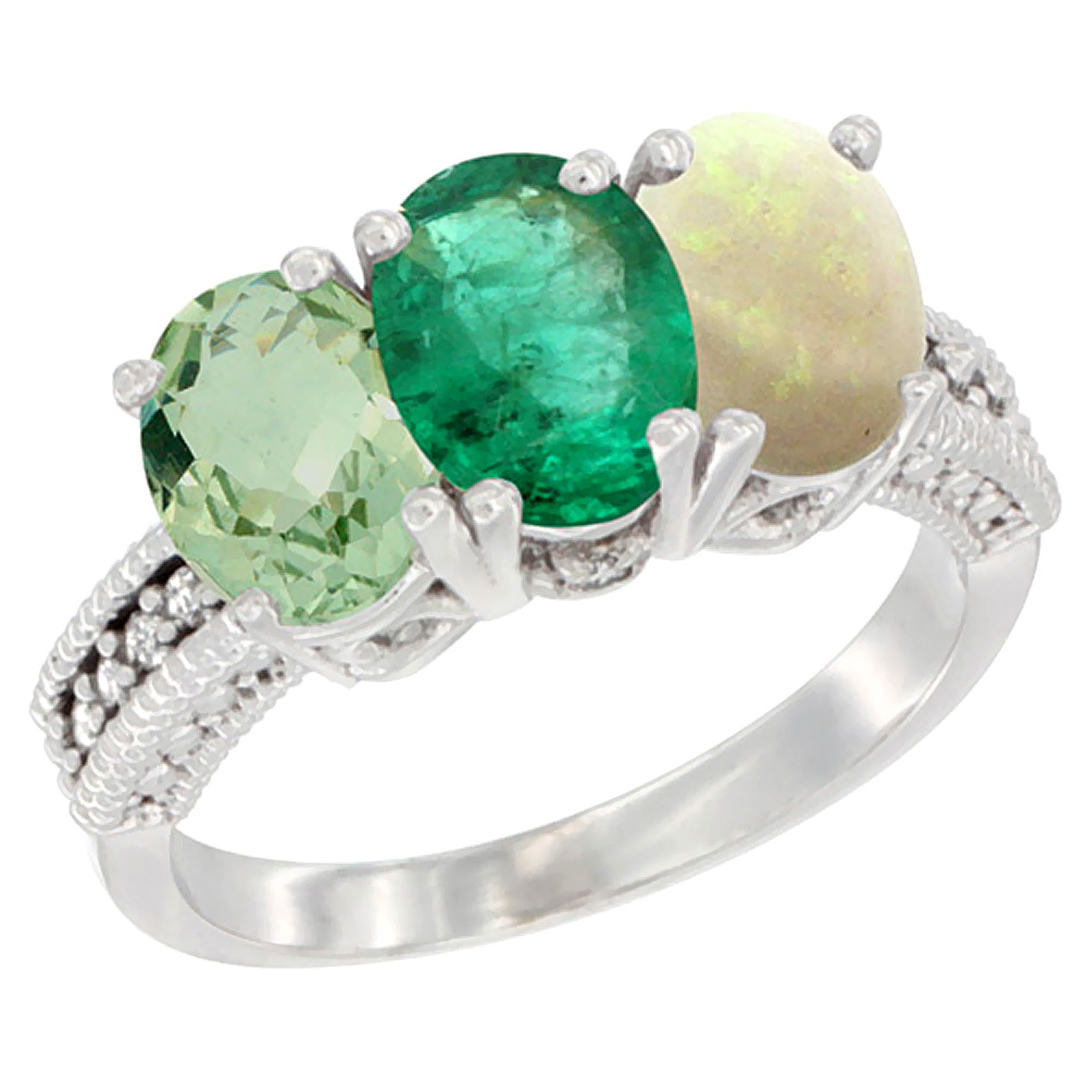 10K White Gold Natural Green Amethyst, Emerald & Opal Ring 3-Stone Oval 7x5 mm Diamond Accent, sizes 5 - 10