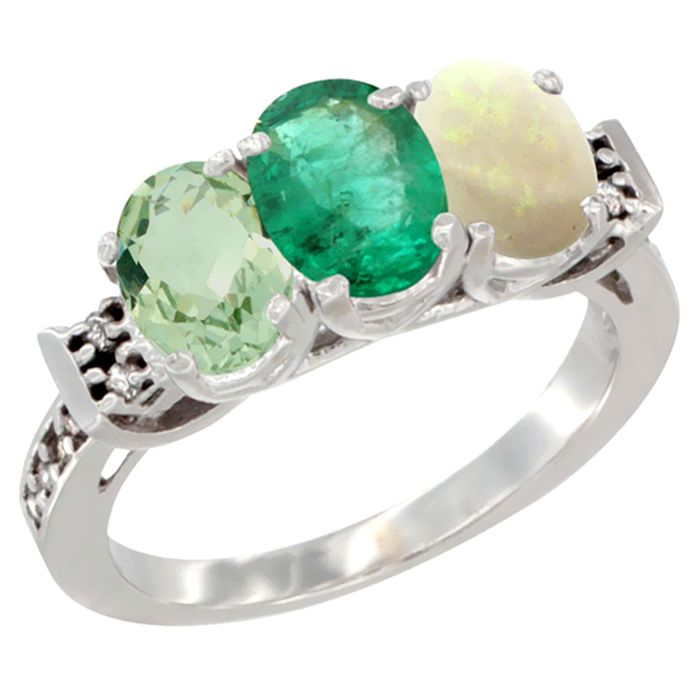 10K White Gold Natural Green Amethyst, Emerald &amp; Opal Ring 3-Stone Oval 7x5 mm Diamond Accent, sizes 5 - 10
