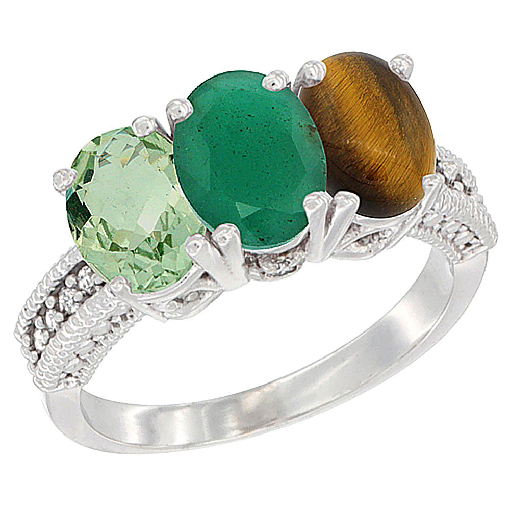 14K White Gold Natural Green Amethyst, Emerald &amp; Tiger Eye Ring 3-Stone 7x5 mm Oval Diamond Accent, sizes 5 - 10