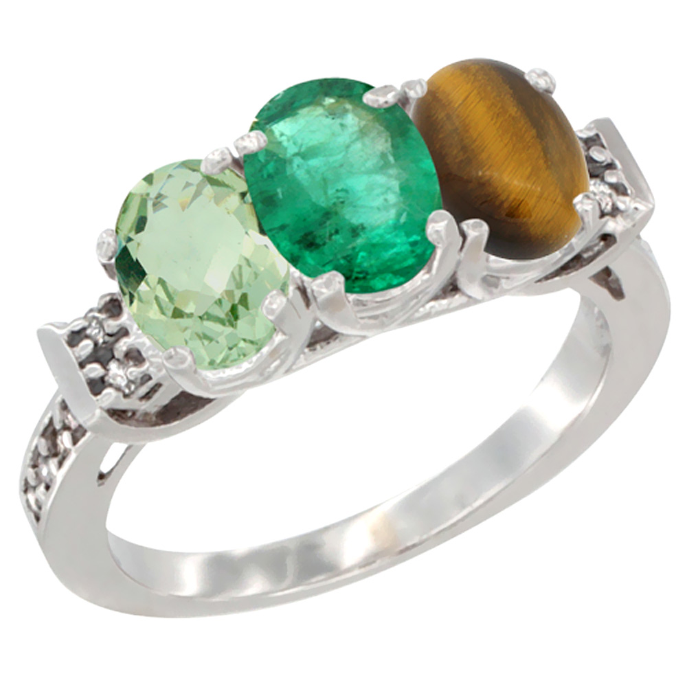 14K White Gold Natural Green Amethyst, Emerald & Tiger Eye Ring 3-Stone 7x5 mm Oval Diamond Accent, sizes 5 - 10