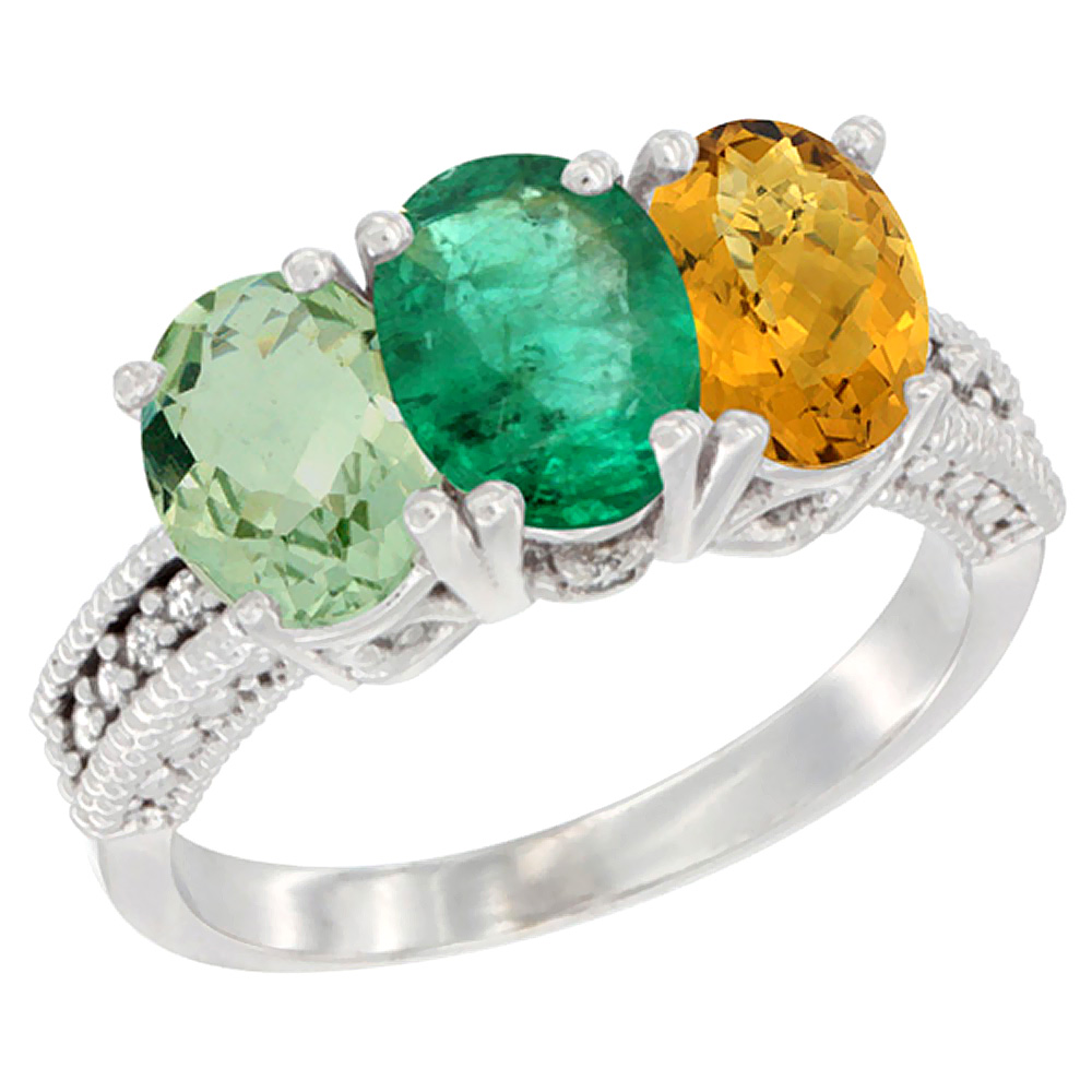14K White Gold Natural Green Amethyst, Emerald &amp; Whisky Quartz Ring 3-Stone 7x5 mm Oval Diamond Accent, sizes 5 - 10