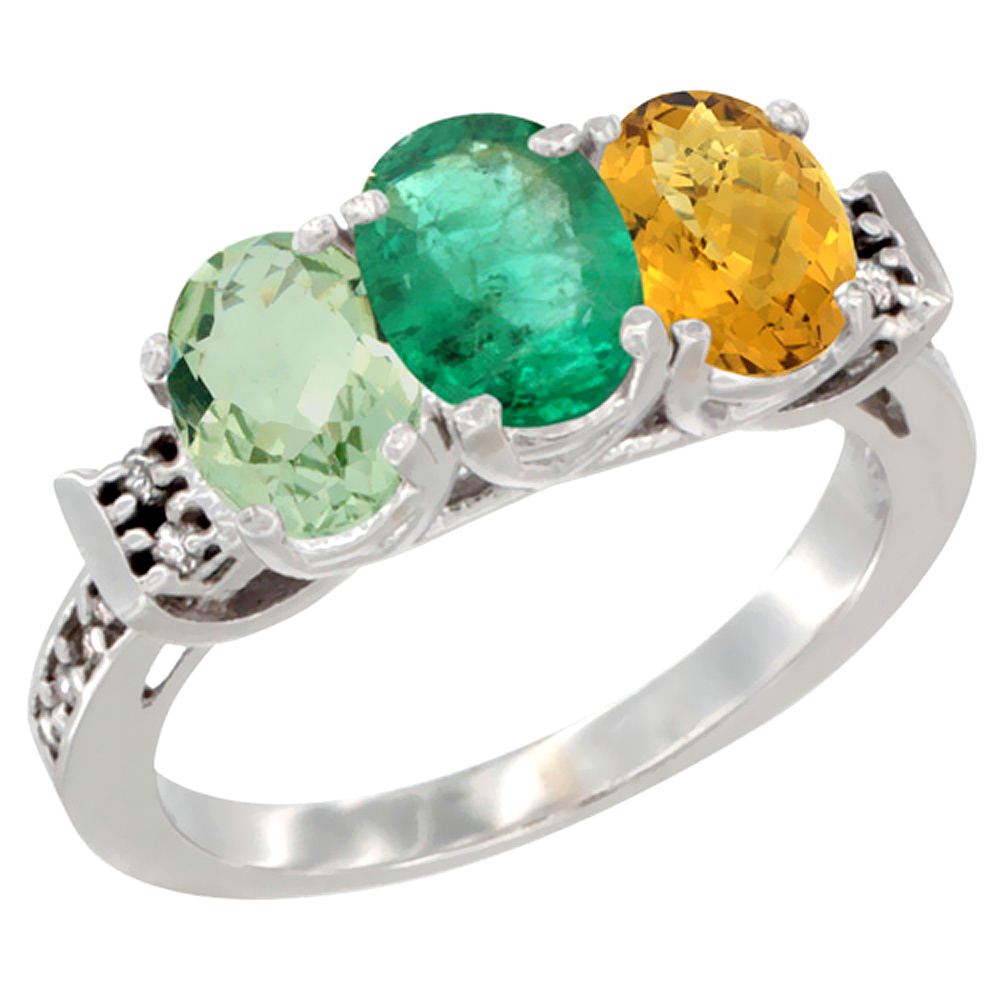 14K White Gold Natural Green Amethyst, Emerald &amp; Whisky Quartz Ring 3-Stone 7x5 mm Oval Diamond Accent, sizes 5 - 10