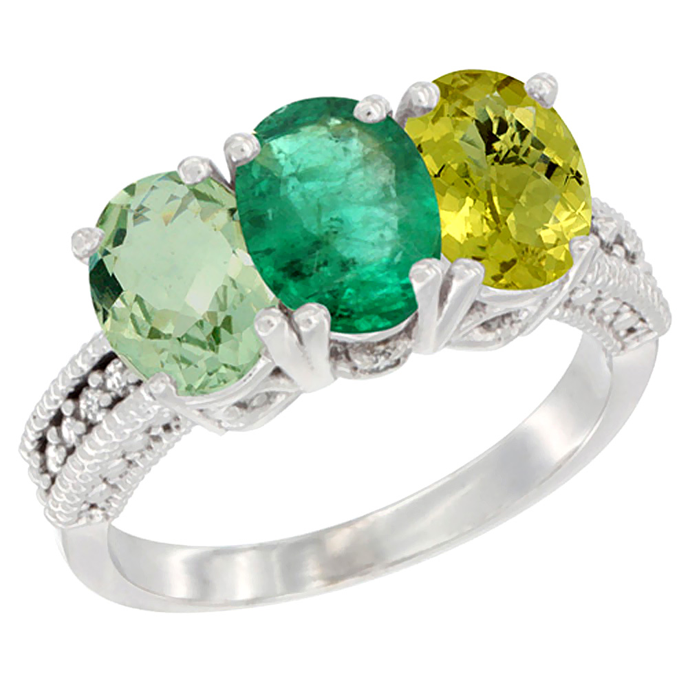 14K White Gold Natural Green Amethyst, Emerald &amp; Lemon Quartz Ring 3-Stone 7x5 mm Oval Diamond Accent, sizes 5 - 10