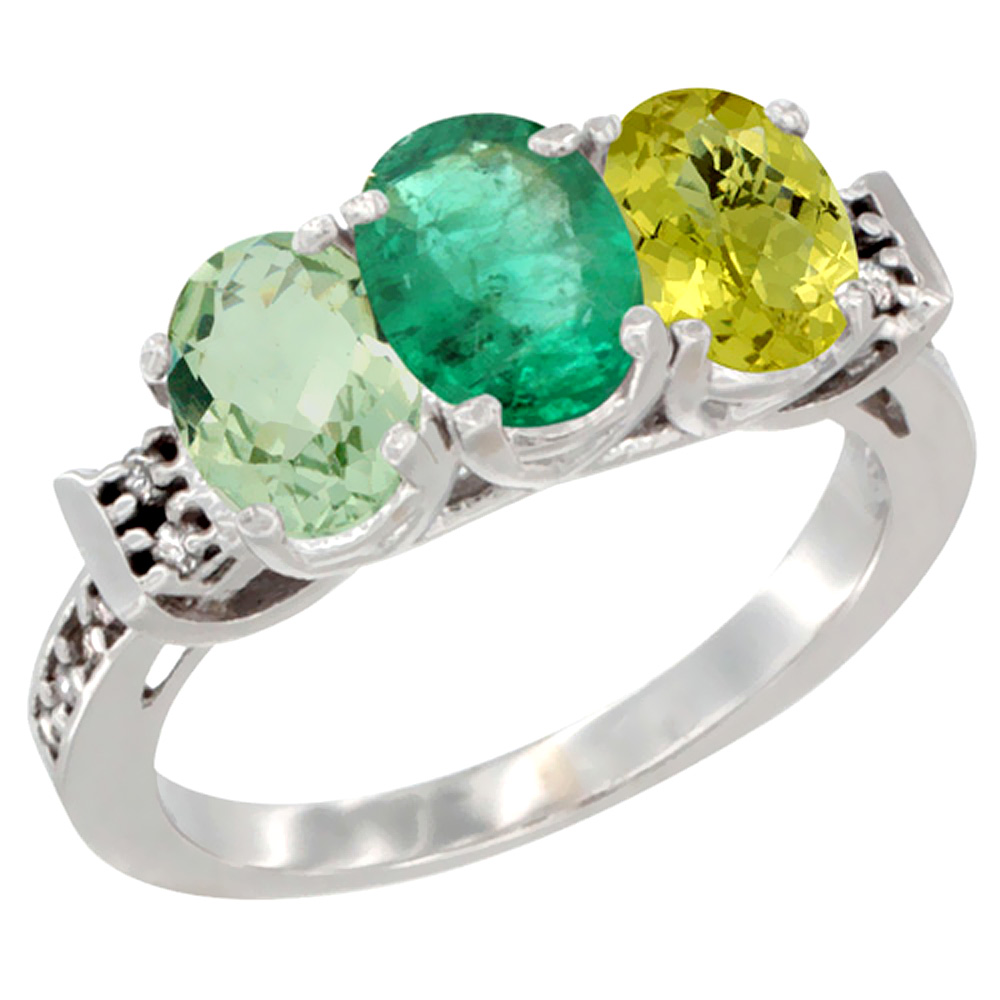 14K White Gold Natural Green Amethyst, Emerald & Lemon Quartz Ring 3-Stone 7x5 mm Oval Diamond Accent, sizes 5 - 10