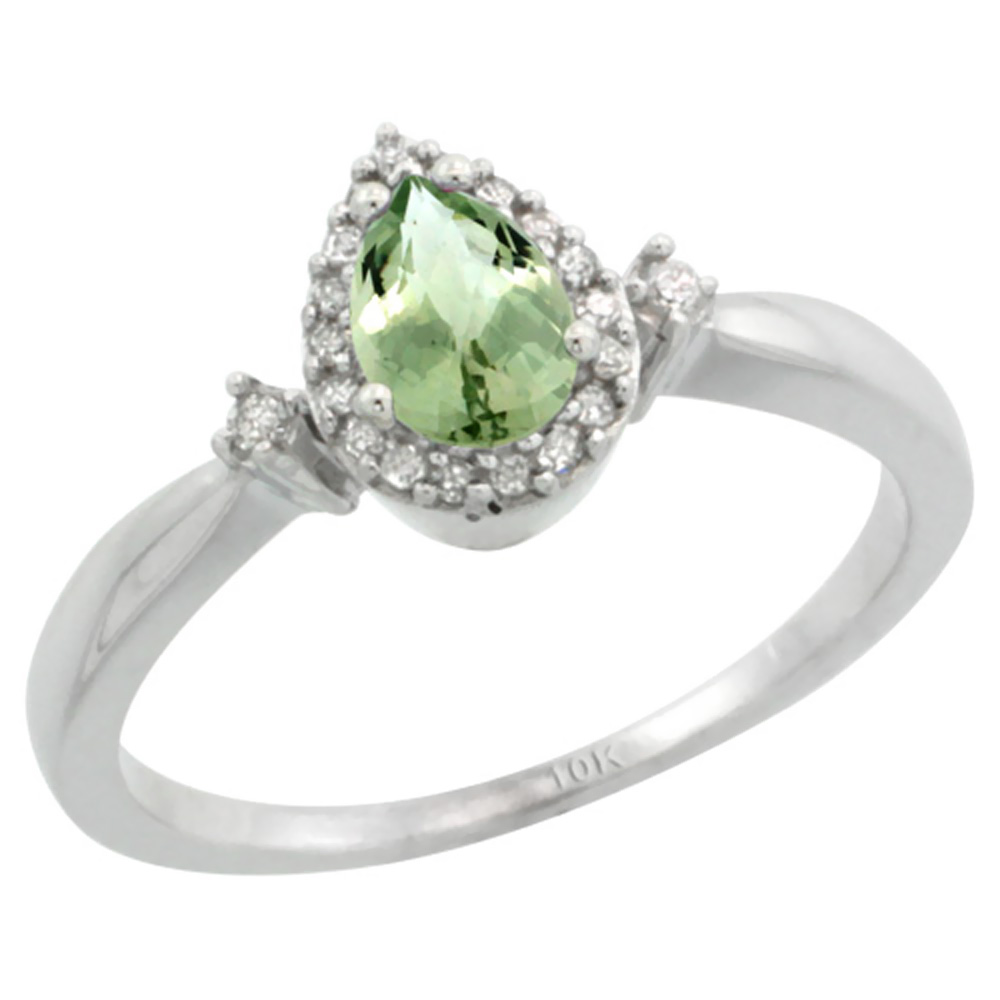 14K White Gold Diamond Natural Green Amethyst Ring Pear 6x4mm, sizes 5-10