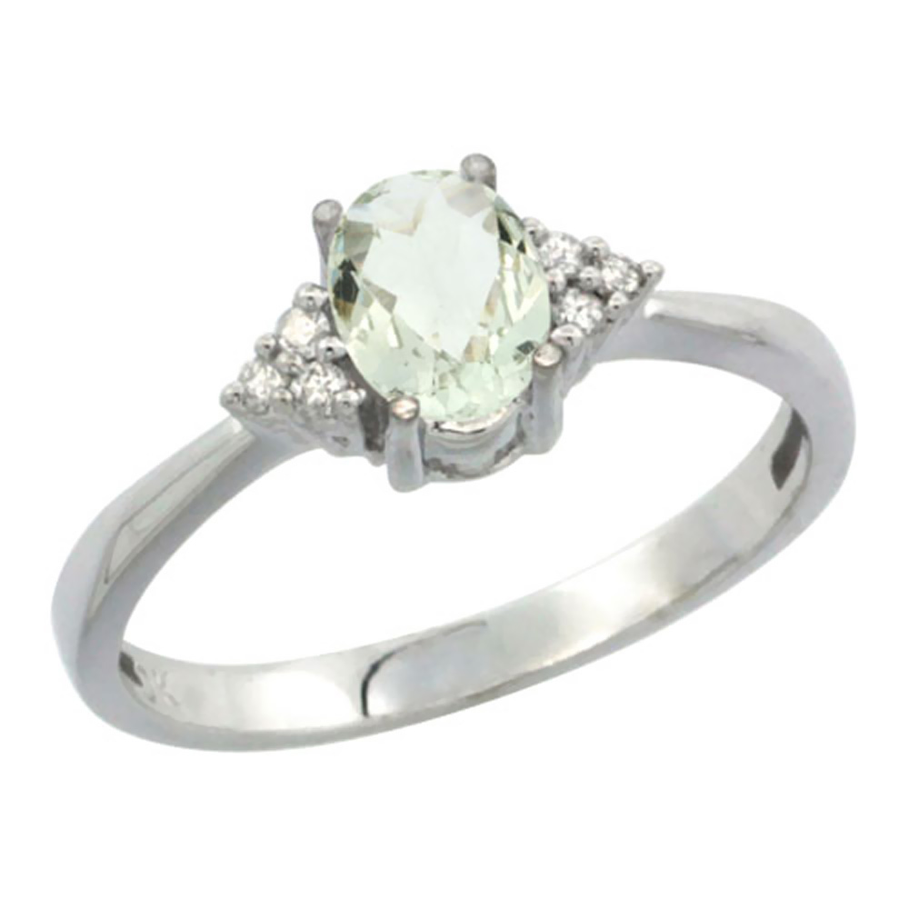 10K White Gold Diamond Genuine Green Amethyst Engagement Ring Oval 7x5mm sizes 5-10