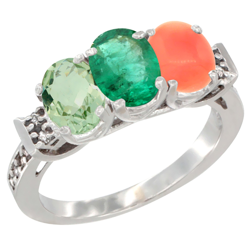 14K White Gold Natural Green Amethyst, Emerald & Coral Ring 3-Stone 7x5 mm Oval Diamond Accent, sizes 5 - 10