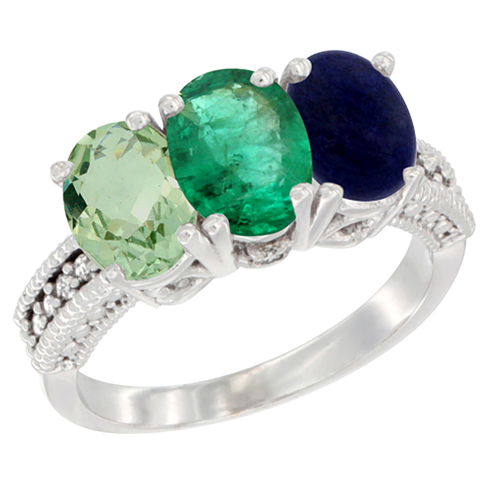 14K White Gold Natural Green Amethyst, Emerald & Lapis Ring 3-Stone 7x5 mm Oval Diamond Accent, sizes 5 - 10