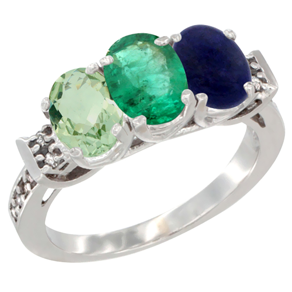 10K White Gold Natural Green Amethyst, Emerald &amp; Lapis Ring 3-Stone Oval 7x5 mm Diamond Accent, sizes 5 - 10