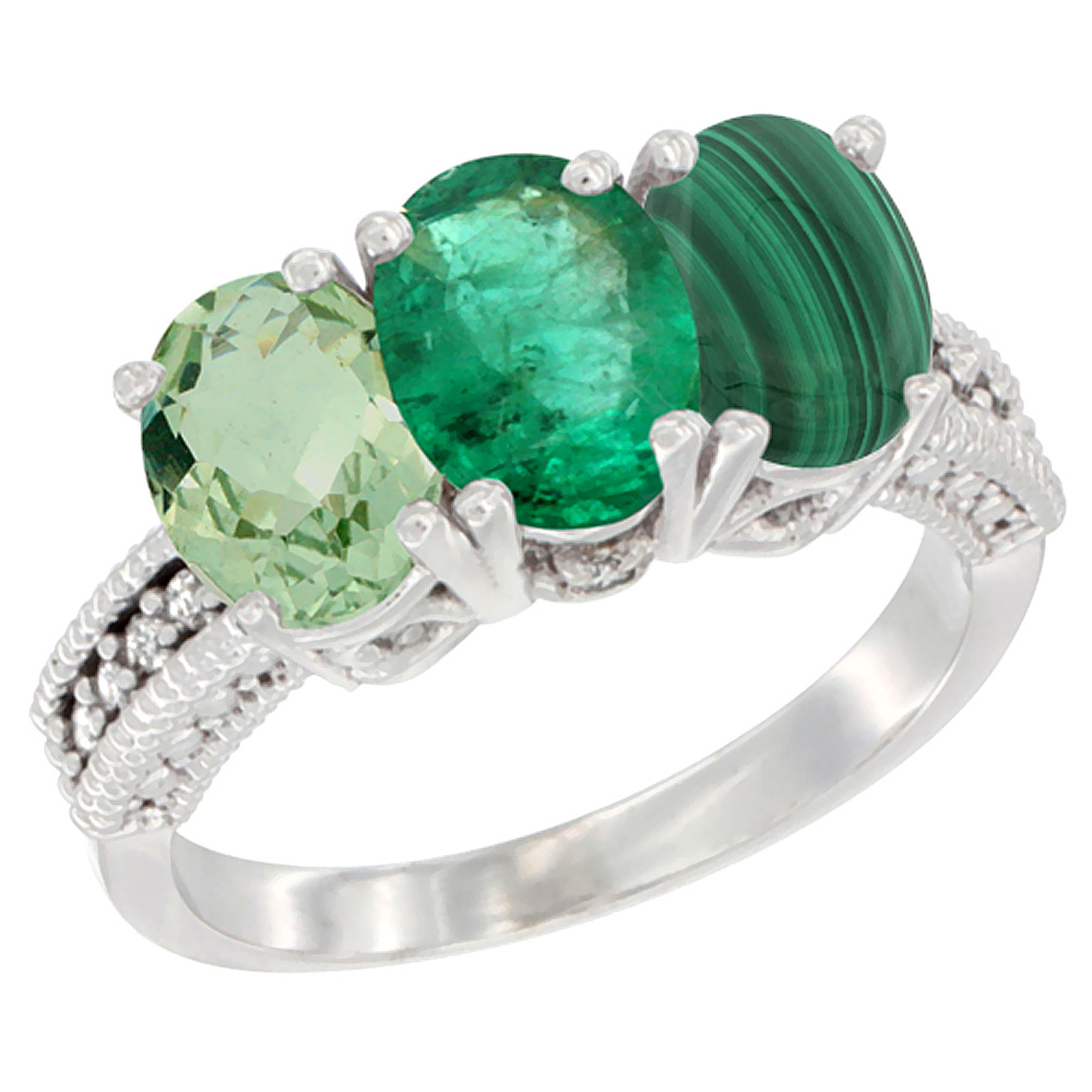 14K White Gold Natural Green Amethyst, Emerald &amp; Malachite Ring 3-Stone 7x5 mm Oval Diamond Accent, sizes 5 - 10
